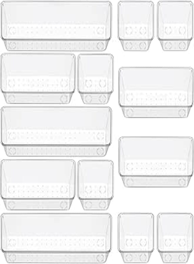 12 Piece Clear Drawer Organizer Set, 3 Sizes Bathroom Vanity Organizer Trays and Storage Bins for Makeup, Cosmetics, Jewelry, and Gadgets. Perfect for Office, Kitchen, Bedroom, Bathroom Use.